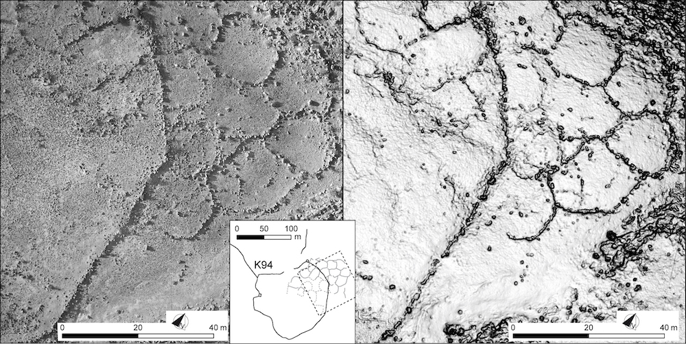Fig. 11 : The superimposition of kites and other structures may give interesting data about relative chronology. In this example (Kite 94 in Armenia), the kite is clearly built up above a coalescent cells site contemporaneous or oldest than the chalcolithic period. On the left, aerial orthophotography, and on the right, slope map derived from DEM: These documents are obtained thanks to a photogrammetry process from pictures made with the help of a kite.