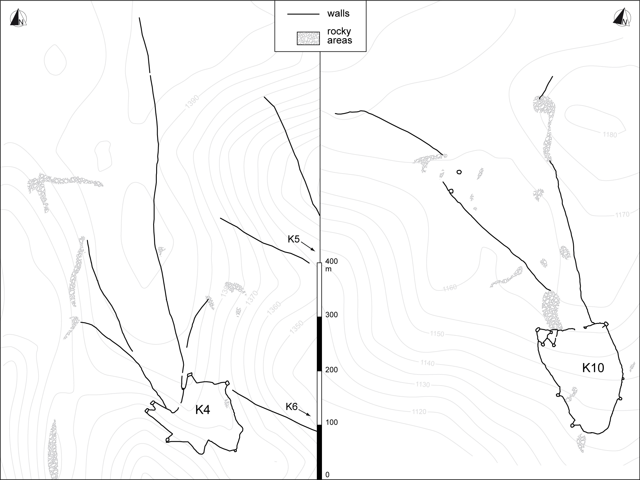 Fig. 7: Examples of maps of kites (Armenia) conducted with DGPS. A spatial database is build up in order to record information about size and shape of walls and compartment.